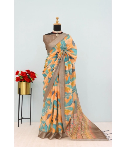Generic Women's Linen Digital Print Saree With Unstitched Blouse 5.5Mtr (Green)