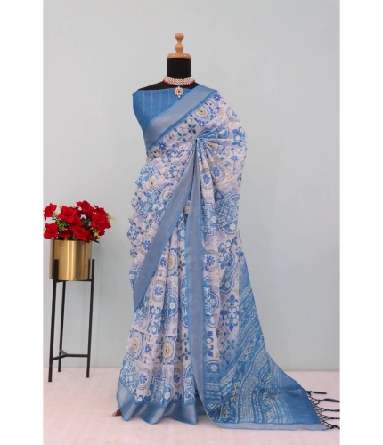 Generic Women's Linen Digital Print Saree With Unstitched Blouse 5.5Mtr (Blue)