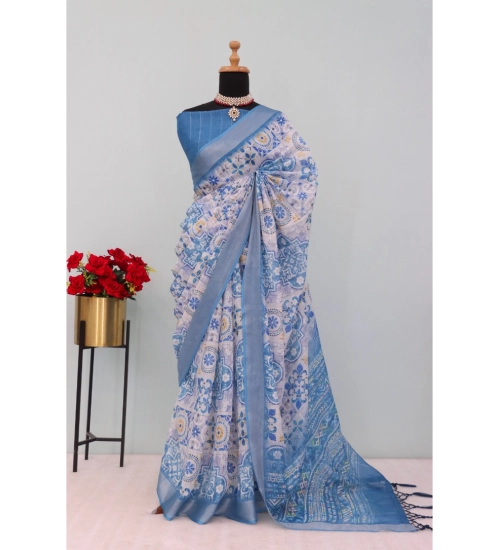 Generic Women's Linen Digital Print Saree With Unstitched Blouse 5.5Mtr (Blue)
