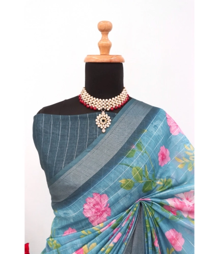 Generic Women's Linen Digital Print Saree With Unstitched Blouse 5.5Mtr (Green)