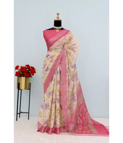 Generic Women's Linen Digital Print Saree With Unstitched Blouse 5.5Mtr (Pink)