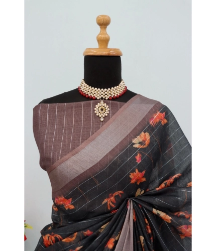 Generic Women's Linen Digital Print Saree With Unstitched Blouse 5.5Mtr (Black) Generic Women's Linen Digital Print Saree With Unstitched Blouse 5.5Mtr (Black)
