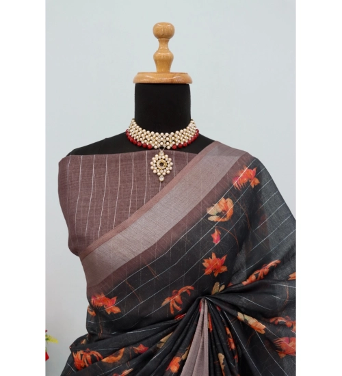 Generic Women's Linen Digital Print Saree With Unstitched Blouse 5.5Mtr (Black)
