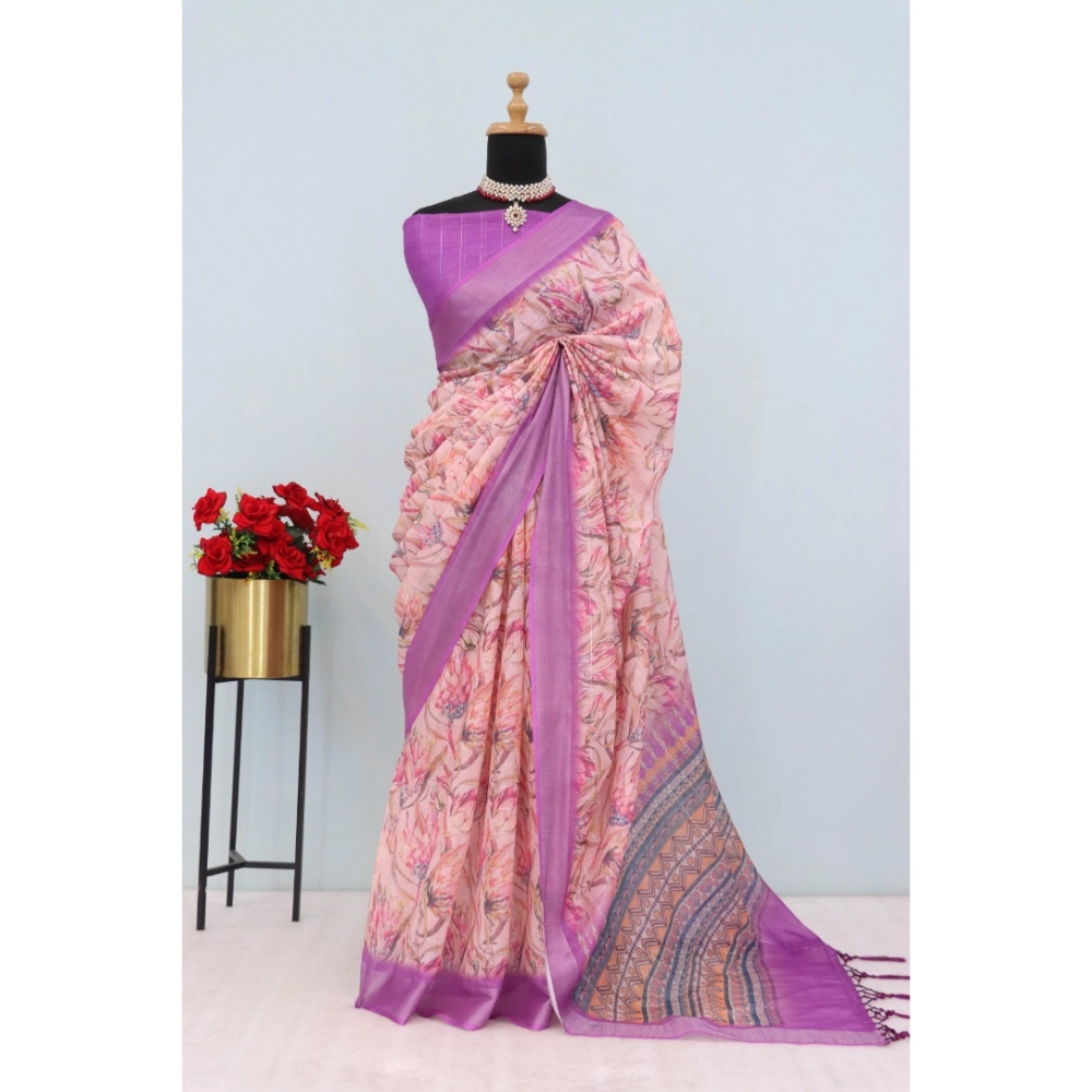 Generic Women's Linen Digital Print Saree With Unstitched Blouse 5.5Mtr (Purple) Generic Women's Linen Digital Print Saree With Unstitched Blouse 5.5Mtr (Purple)