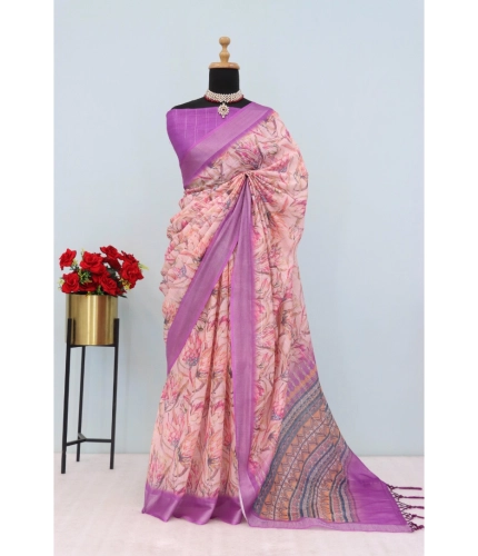 Generic Women's Linen Digital Print Saree With Unstitched Blouse 5.5Mtr (Purple)