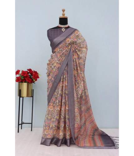 Generic Women's Linen Digital Print Saree With Unstitched Blouse 5.5Mtr (Grey)