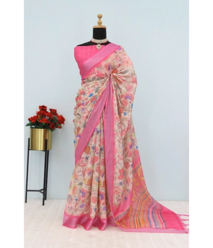 Generic Women's Linen Digital Print Saree With Unstitched Blouse 5.5Mtr (Pink)
