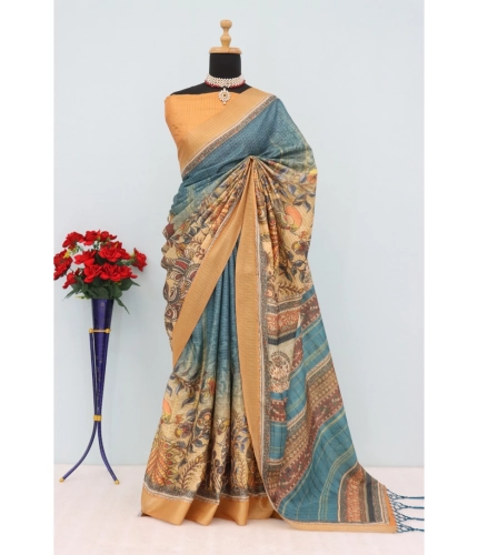 Generic Women's Mysore Silk  Digital Print Saree With Unstitched Blouse 5.5Mtr (Blue)