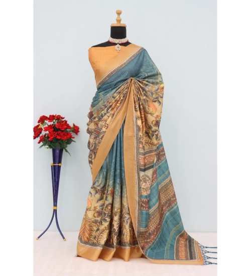 Generic Women's Mysore Silk  Digital Print Saree With Unstitched Blouse 5.5Mtr (Blue)
