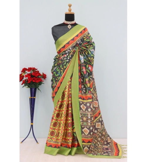 Generic Women's Mysore Silk  Digital Print Saree With Unstitched Blouse 5.5Mtr (Green)