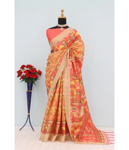 Generic Women's Mysore Silk  Digital Print Saree With Unstitched Blouse 5.5Mtr (Orange)