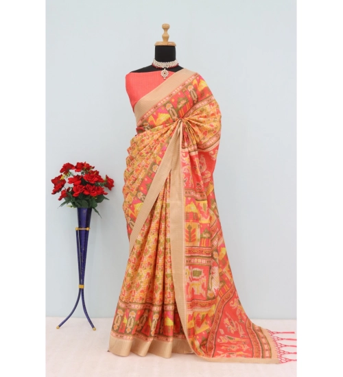 Generic Women's Mysore Silk  Digital Print Saree With Unstitched Blouse 5.5Mtr (Orange)