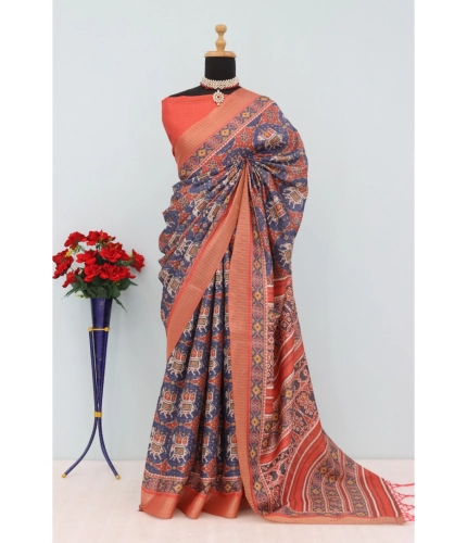 Generic Women's Mysore Silk  Digital Print Saree With Unstitched Blouse 5.5Mtr (Blue)