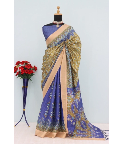 Generic Women's Mysore Silk  Digital Print Saree With Unstitched Blouse 5.5Mtr (Blue)