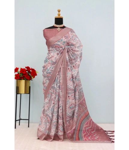 Generic Women's Linen Digital Print Saree With Unstitched Blouse 5.5Mtr (Brown)