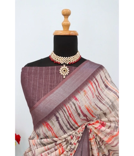 Generic Women's Linen Digital Print Saree With Unstitched Blouse 5.5Mtr (Grey)