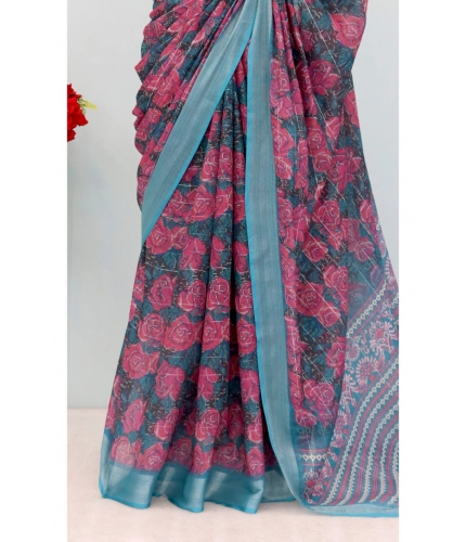 Generic Women's Linen Digital Print Saree With Unstitched Blouse 5.5Mtr (Blue) Generic Women's Linen Digital Print Saree With Unstitched Blouse 5.5Mtr (Blue)