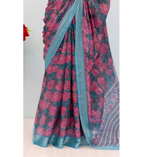 Generic Women's Linen Digital Print Saree With Unstitched Blouse 5.5Mtr (Blue)