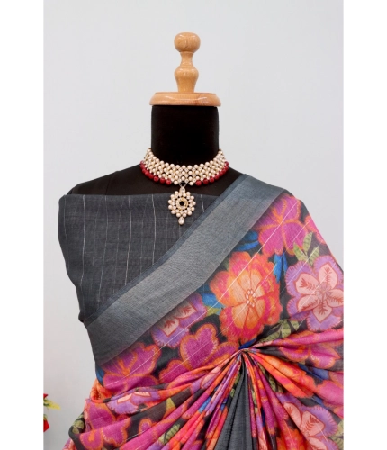 Generic Women's Linen Digital Print Saree With Unstitched Blouse 5.5Mtr (Grey)