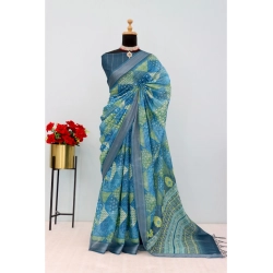 Generic Women's Linen Digital Print Saree With Unstitched Blouse 5.5Mtr (Green)