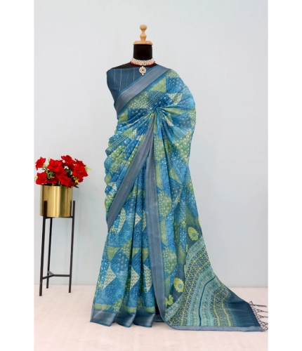 Generic Women's Linen Digital Print Saree With Unstitched Blouse 5.5Mtr (Green)