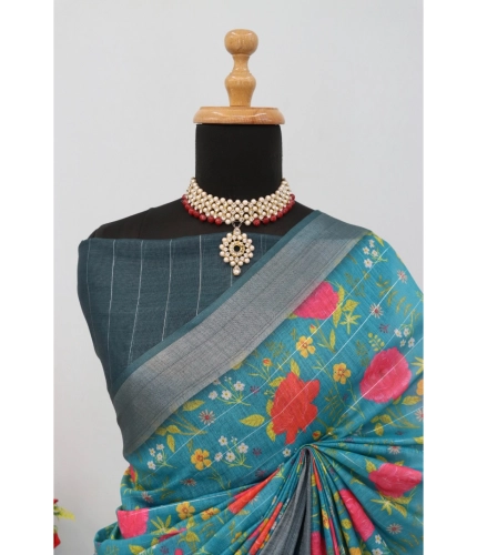 Generic Women's Linen Digital Print Saree With Unstitched Blouse 5.5Mtr (Green)