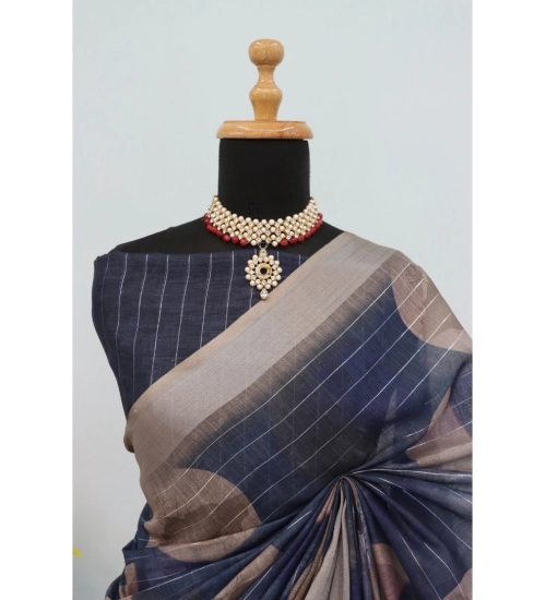 Generic Women's Linen Digital Print Saree With Unstitched Blouse 5.5Mtr (Blue)
