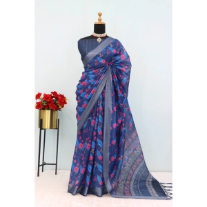 Generic Women's Linen Digital Print Saree With Unstitched Blouse 5.5Mtr (Blue)