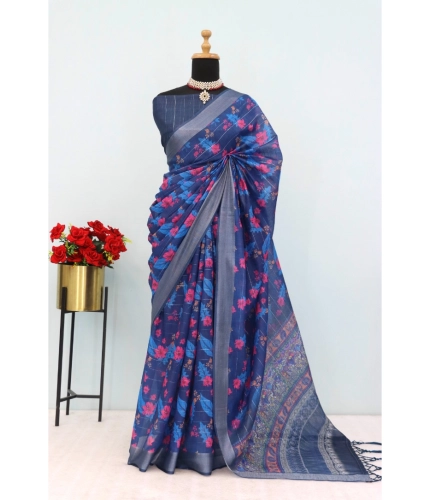 Generic Women's Linen Digital Print Saree With Unstitched Blouse 5.5Mtr (Blue)