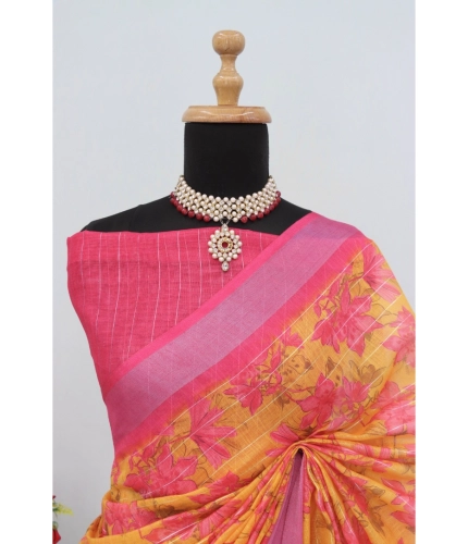 Generic Women's Linen Digital Print Saree With Unstitched Blouse 5.5Mtr (Yellow) Generic Women's Linen Digital Print Saree With Unstitched Blouse 5.5Mtr (Yellow)