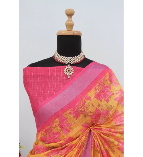 Generic Women's Linen Digital Print Saree With Unstitched Blouse 5.5Mtr (Yellow)