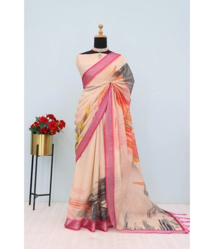 Generic Women's Linen Digital Print Saree With Unstitched Blouse 5.5Mtr (Multicolor)