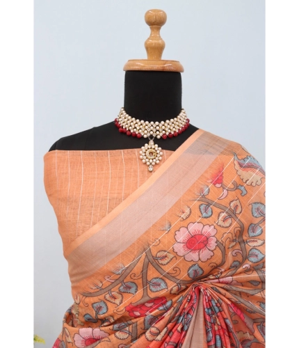 Generic Women's Linen Digital Print Saree With Unstitched Blouse 5.5Mtr (Orange) Generic Women's Linen Digital Print Saree With Unstitched Blouse 5.5Mtr (Orange)