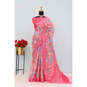 Generic Women's Linen Digital Print Saree With Unstitched Blouse 5.5Mtr (Pink)