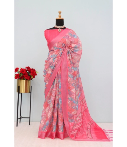 Generic Women's Linen Digital Print Saree With Unstitched Blouse 5.5Mtr (Pink)