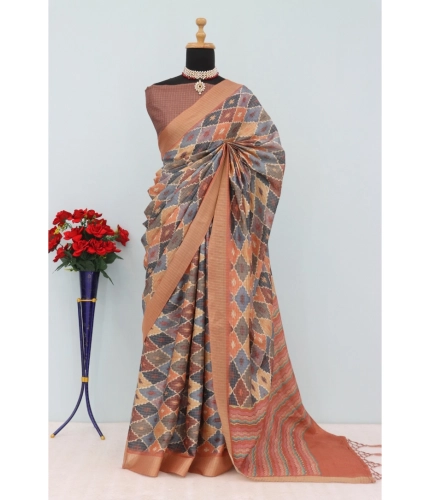 Generic Women's Mysore Silk  Digital Print Saree With Unstitched Blouse 5.5Mtr (Brown)