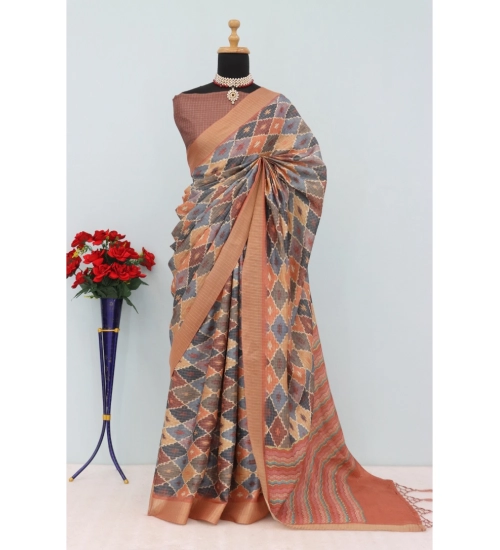 Generic Women's Mysore Silk  Digital Print Saree With Unstitched Blouse 5.5Mtr (Brown)