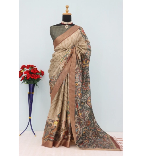 Generic Women's Mysore Silk  Digital Print Saree With Unstitched Blouse 5.5Mtr (Beige)