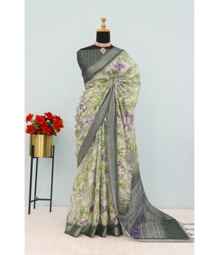 Generic Women's Linen Digital Print Saree With Unstitched Blouse 5.5Mtr (Green)