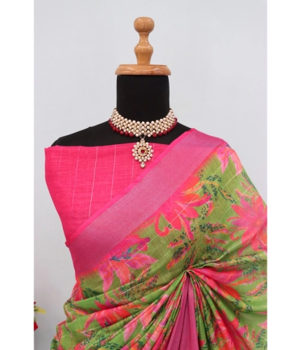 Generic Women's Linen Digital Print Saree With Unstitched Blouse 5.5Mtr (Green)