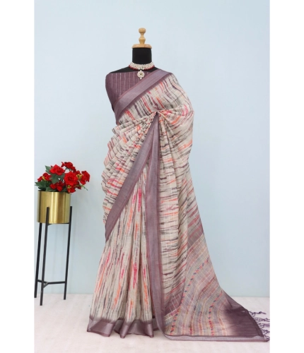 Generic Women's Linen Digital Print Saree With Unstitched Blouse 5.5Mtr (Grey)