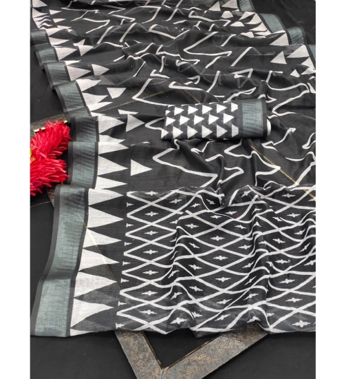 Generic Women's Cotton Linen Woven Design Saree With Unstitched Blouse 5.5Mtr (Black)