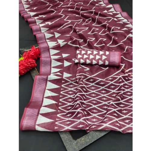 Women's Cotton Linen Woven Design Saree With Unstitched Blouse 5.5Mtr (Maroon)