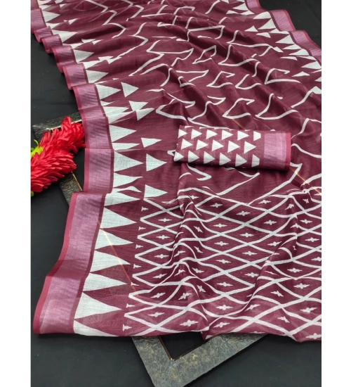 Generic Women's Cotton Linen Woven Design Saree With Unstitched Blouse 5.5Mtr (Maroon)