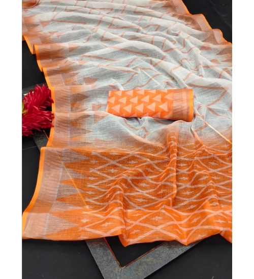 Generic Women's Cotton Linen Woven Design Saree With Unstitched Blouse 5.5Mtr (Orange)