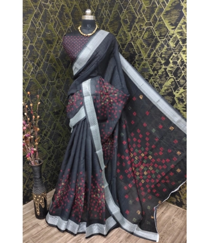 Generic Women's Cotton Linen Digital Print Saree With Unstitched Blouse 5.5Mtr (Black)