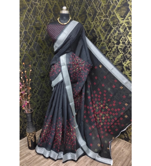 Generic Women's Cotton Linen Digital Print Saree With Unstitched Blouse 5.5Mtr (Black)