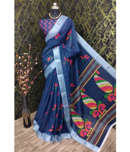 Generic Women's Cotton Linen Digital Print Saree With Unstitched Blouse 5.5Mtr (Blue)