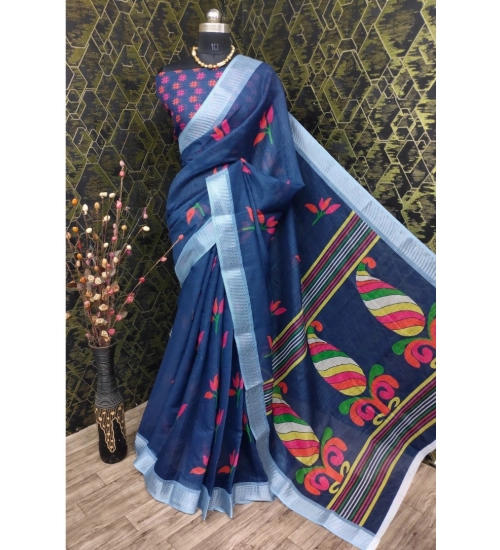 Generic Women's Cotton Linen Digital Print Saree With Unstitched Blouse 5.5Mtr (Blue)