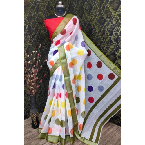 Women's Cotton Linen Printed Saree With Unstitched Blouse 5.5Mtr (Multicolor)
